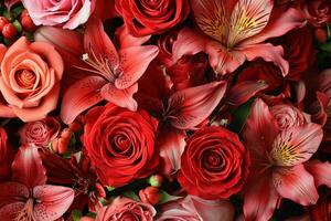 ai généré bouquets de rouge des roses, délicat fleurs de lys, et aromatique pétales photo