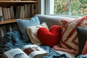 ai généré peluche jette, en forme de coeur coussins, et sur le thème de l'amour livres photo