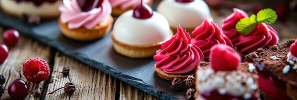 ai généré nombreuses différent des pâtisseries sont mettre sur une en bois table photo