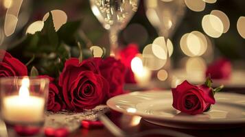 ai généré a la chandelle dîner avec des roses, cœurs, et doux textures photo