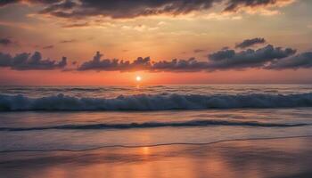 ai généré une le coucher du soleil plus de le océan avec vagues s'écraser dans le rive photo