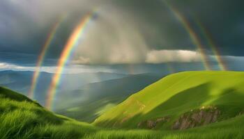 ai généré arc en ciel plus de le montagnes photo