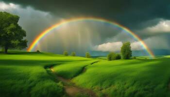 ai généré arc en ciel plus de vert champ avec des arbres et herbe photo