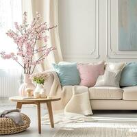 ai généré une magnifiquement décoré vivant chambre, orné avec couleur pastel coussins, jette photo