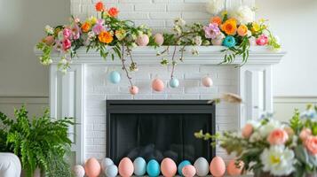 ai généré coloré des œufs et printemps fleurs Cadre cheminée photo