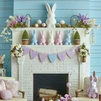 ai généré pastel lapin bannières et Oeuf accents orner de fête cheminée afficher photo