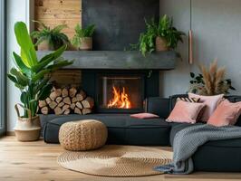 ai généré un foncé coloré canapé dans de face de une en bois cheminée, avec les plantes et oreillers près une cheminée photo