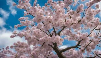 ai généré une magnifique rose Cerise fleur arbre dans de face de une bleu ciel photo