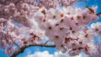 ai généré Cerise fleurs sur une arbre dans de face de une bleu ciel photo