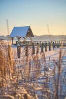 cabane sur congelé Lac dans Hemmelsdorf, nord Allemagne photo