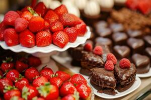 ai généré décadent des chocolats, des fraises, et en forme de coeur desserts photo