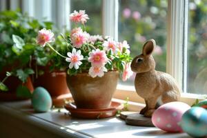 ai généré mis en pot fleurit, Pâques œufs, et miniature lapin décor photo