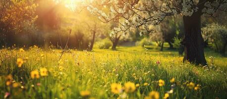 ai généré une Jaune pelouse avec des arbres et fleurs dans le Contexte photo