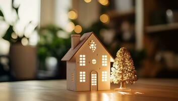 ai généré une en bois maison modèle sur une en bois table avec verdure photo