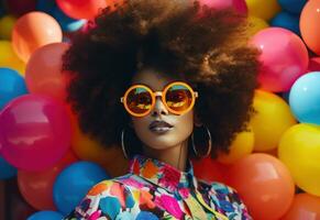 ai généré afro aux cheveux Jeune fille avec des lunettes et des ballons photo