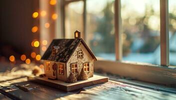 ai généré une en bois maison modèle sur le en bois table dans de face de une fenêtre photo