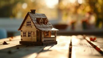 ai généré une en bois modèle de une maison séance sur une en bois table photo