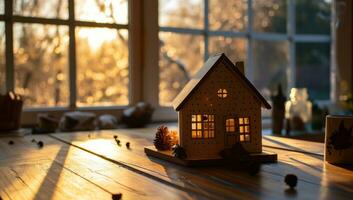 ai généré une en bois maison modèle sur le en bois table dans de face de une fenêtre photo