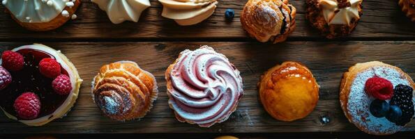 ai généré nombreuses différent des pâtisseries sont mettre sur une en bois table photo