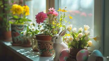 ai généré mis en pot fleurit, Pâques œufs, et miniature lapin décor photo