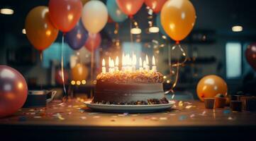 ai généré anniversaire gâteau avec bougies et des ballons sur une table dans un Bureau photo