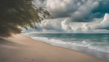 ai généré une plage avec vagues et des nuages dans le ciel photo