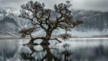 ai généré une seul arbre dans le milieu de une Lac photo