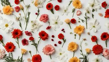 ai généré une grand groupe de coloré fleurs arrangé sur une blanc surface photo