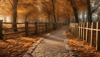 ai généré chemin dans le l'automne forêt avec en bois clôture photo