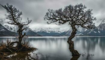 ai généré deux des arbres supporter dans le milieu de une Lac photo