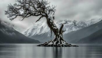 ai généré une seul arbre des stands dans le milieu de une Lac photo