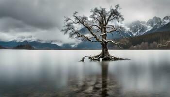 ai généré une seul arbre des stands dans le milieu de une Lac photo