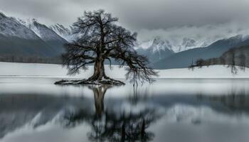 ai généré une seul arbre dans le milieu de une Lac photo