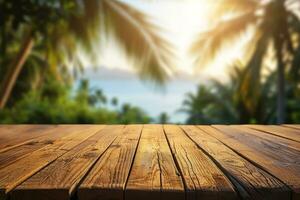 ai généré vide en bois table Haut avec flou tropical plage paysage et été ciel pour afficher ou montage votre des produits présentation. photo