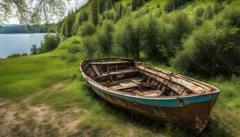 ai généré un vieux bateau est assis sur le rive de une Lac photo