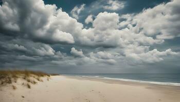 ai généré une sablonneux plage en dessous de une nuageux ciel avec le sable dunes photo