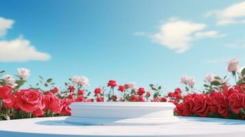 ai généré vide blanc rond podium sur rouge pente des roses jardin et été bleu ciel Contexte pour cosmétique produit présentation, la Saint-Valentin journée concept photo