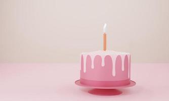 joli gâteau d'anniversaire rendu 3d couleur rose avec une bougie, gâteau sucré pour un anniversaire surprise, fête des mères, saint valentin sur fond rose photo