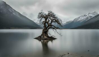 ai généré une seul arbre des stands sur une petit île dans une Lac photo