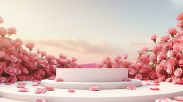 ai généré vide blanc rond podium sur rouge pente des roses jardin et été soir ciel Contexte pour cosmétique produit présentation, la Saint-Valentin journée concept photo