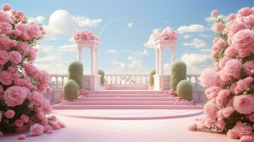 ai généré vide rose rond podium sur rouge pente des roses jardin et été soir ciel Contexte pour cosmétique produit présentation, la Saint-Valentin journée concept photo