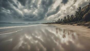 ai généré une plage en dessous de orageux ciels avec paume des arbres photo