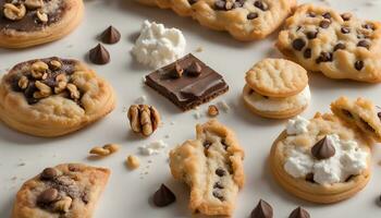 ai généré Chocolat puce biscuits et autre biscuits sont arrangé sur une blanc surface photo