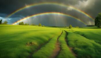 ai généré une arc en ciel plus de une champ avec une saleté route photo