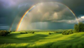 ai généré arc en ciel plus de vert herbeux collines photo