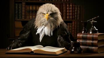 ai généré symbolique légal justice. représentation de tribunal système avec aigle, Balance, et loi livres photo