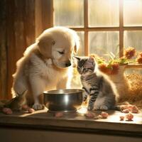 ai généré mignonne chiot et chaton sont séance suivant à chaque autre. relation amicale entre chat et chien photo