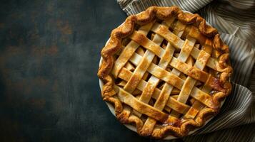 ai généré fait maison d'or Pomme tarte avec sucre sur Haut sur une foncé en tissu photo