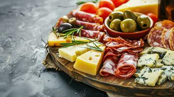 ai généré charcuterie et fromage planche avec herbes et Olives photo