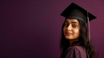 ai généré diplômé dans une noir casquette et robe sourit subtilement contre une violet toile de fond photo